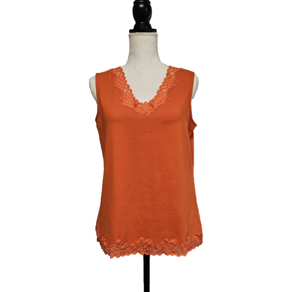 Coldwater Creek Lace Trim Vibrant Orange Tank Top Size L Y2K